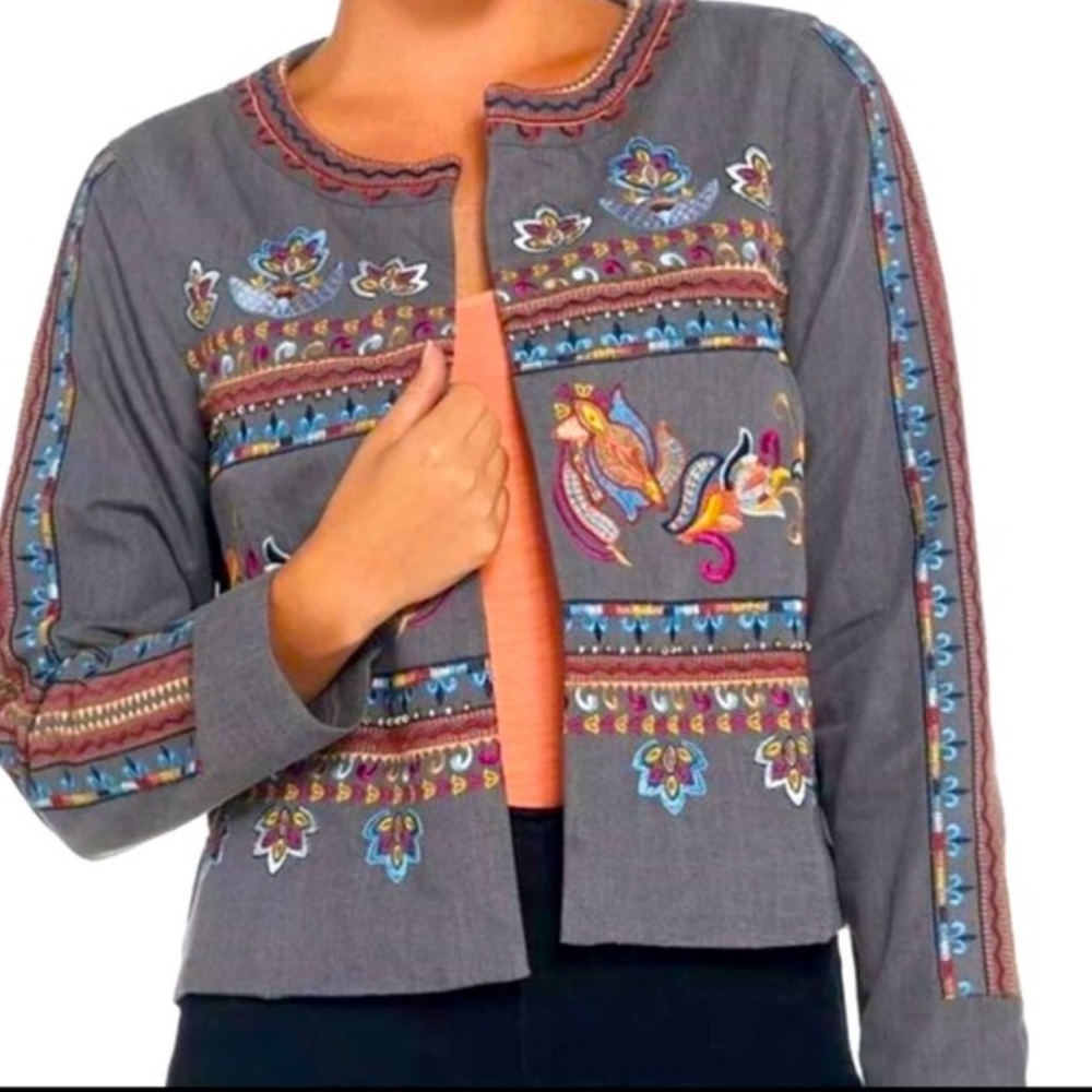 Laurie Felt Gray Cotton Blazer w/Multicolor Embroidery & Beads Size Large
